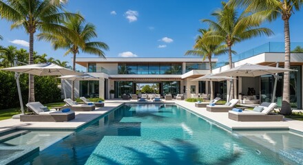 Fototapeta premium Luxurious resort pool with palm trees and modern villa backdrop.