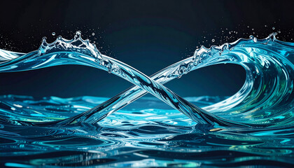 Fluid Eternity: Two graceful water waves intertwine, forming an infinity symbol against a backdrop of tranquil blue. Capturing the timeless dance of nature's most precious element.
