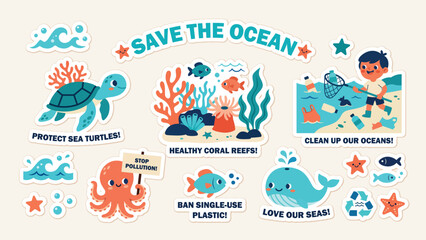 Fototapeta premium Save the Ocean Sticker Set, Marine Conservation Ecology Collection