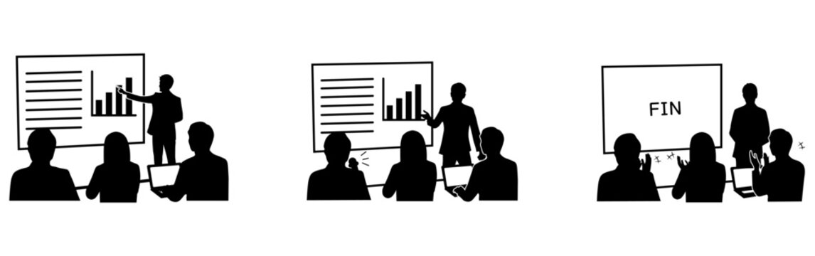 プレゼンテーションの流れ3種セットモノクロシルエット　開始・中盤・終了拍手