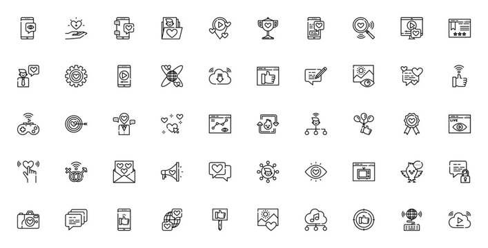 Social Media icon set. Vector icons pack for likes, comments, shares and more. Includes symbols for phone, camera, trophy, cloud, target and network. Editable stroke.