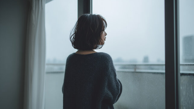 雨の窓の外を見つめる後ろ姿の女性