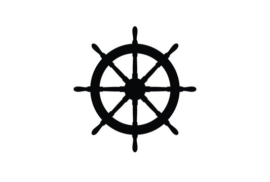 A stark black ship s wheel against a white background a dramatic silhouette
