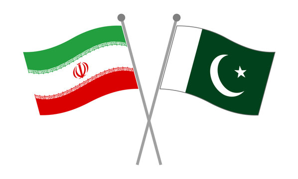 Iran and Pakistan crossed national flags on flagpoles representing diplomatic relations, international partnership and geopolitical cooperation vector illustration