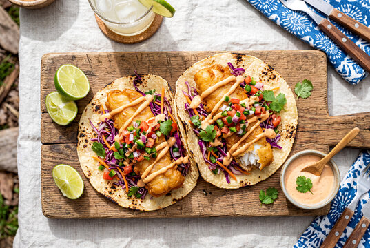 Authentic Baja Fish Tacos with Cabbage Slaw Flat Lay