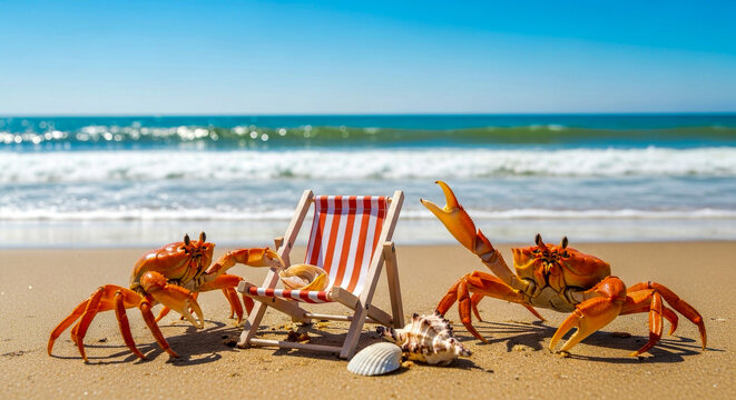 Hello summer beach vacation travel tourism with two crabs and striped deck chair on ocean shore