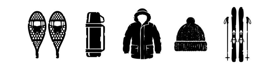Black Silhouette Set of Winter Outdoor Gear and Sports Equipment including Skis, Snowshoes, Parka, Knit Hat, and Thermos Flask © Victor