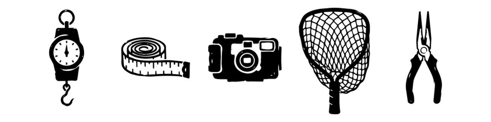 Hand-Drawn Fishing Equipment Icon Set with Fish Scale, Measuring Tape, Camera, Landing Net, and Pliers  Black and White Minimalist Graphic for Angling and Catch and Release Designs © Victor