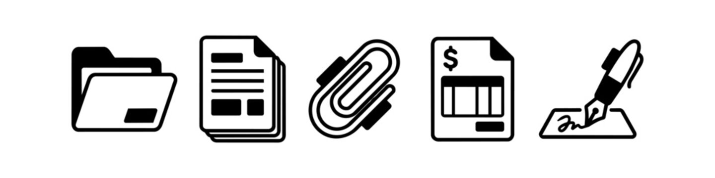 Business and Office Icon Set Featuring File Folder, Stack of Documents, Paperclip, Financial Invoice, and Pen Signature for Administrative Work and Accounting