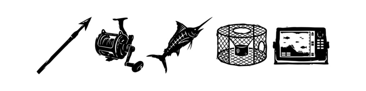 Black and White Woodcut Style Fishing Gear Illustrations Featuring Harpoon, Fishing Reel, Marlin Fish, Crab Trap and Fish Finder Device