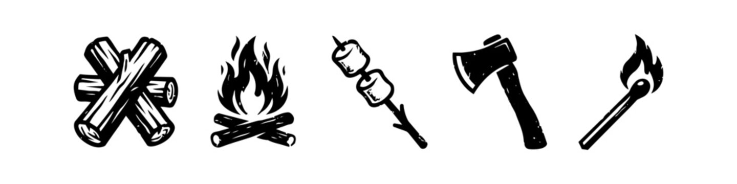 Set of Hand Drawn Camping Icons Including Firewood Campfire Roasted Marshmallows Axe and Lit Matchstick Isolated Vector Illustration for Outdoors and Adventure Branding