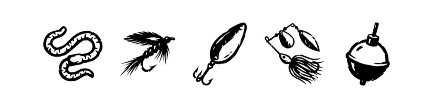 Vintage Hand Drawn Fishing Tackle and Lures Set Vector Illustration of Earthworm Fly Spoon Spinnerbait and Bobber Icons for Outdoors Enthusiasts