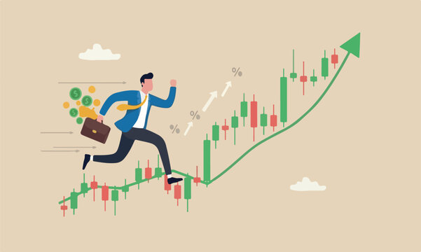 Success profit, stock market growth, get rich from Crypto trading concept, confidence businessman investor with money briefcase running on candlestick graph