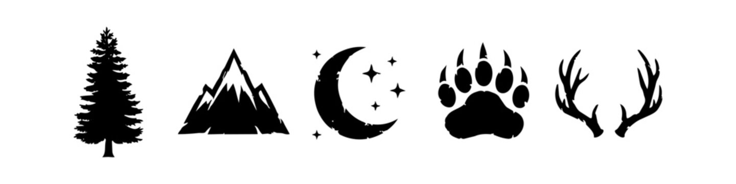 Outdoor Wilderness Silhouette Collection Featuring Pine Tree, Mountain Range, Crescent Moon and Stars, Bear Paw Print, and Deer Antlers for Rustic Design