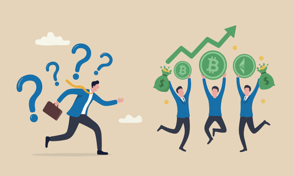 Fear mission together profit experience concept, greed businessman run to follow people who get rich with crypto trading