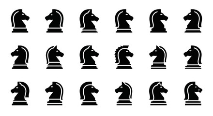 Black knight chess piece icons, knight chess icons set, black and white chess knights, vector knight chess pieces © Steven