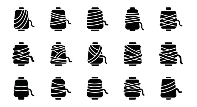 Black and white spool of thread icons, 15 thread spool graphics, thread icon set, sewing icons