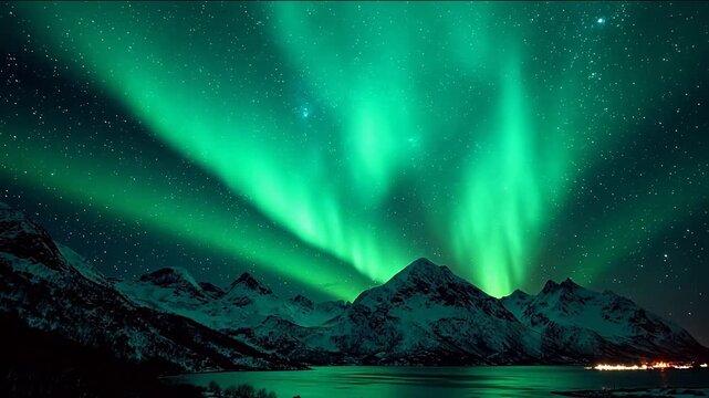 Northern lights over snowy mountains for outdoor lifestyle brands and nature documentaries