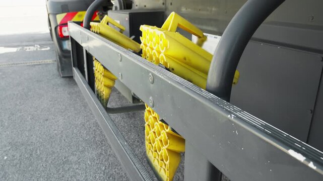 yellow wheel chock on tanker truck