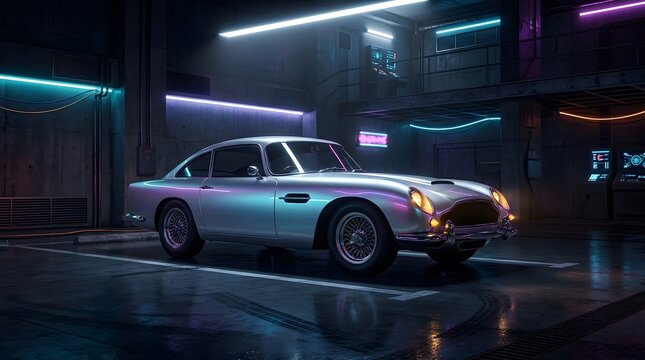 A silver vintage car parked in a dimly lit garage with neon lights reflecting off its hood