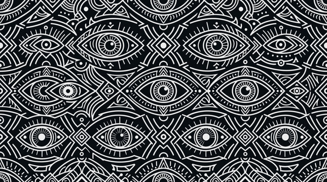 Intricate black and white geometric pattern with repeating eye motifs and symmetrical ornamental design.