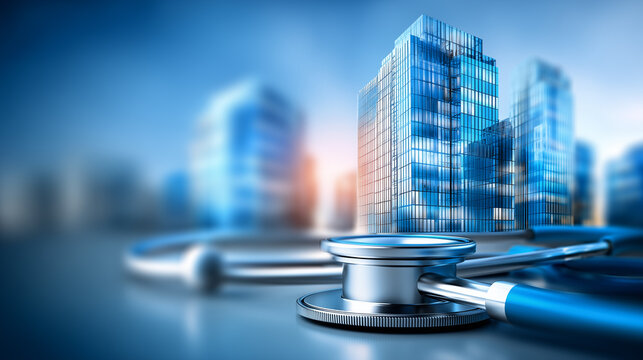 A stethoscope beside modern buildings representing healthcare infrastructure, medical investment, and hospital real estate development.
