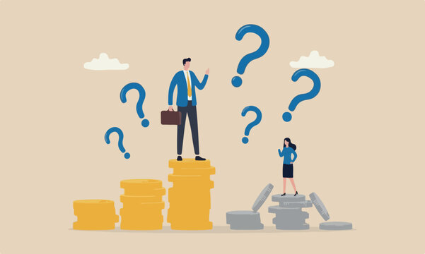 Gender pay, bigger between man and woman wage, salary or income, issue about gender diversification concept, businessman standing on much more paid money coins, woman on less small income coin
