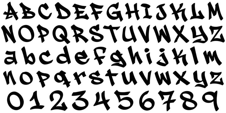 Graffiti letters alphabet drawings characters numbers art with cool black simple uppercase lowercase fonts and lettering vector on transparent background
