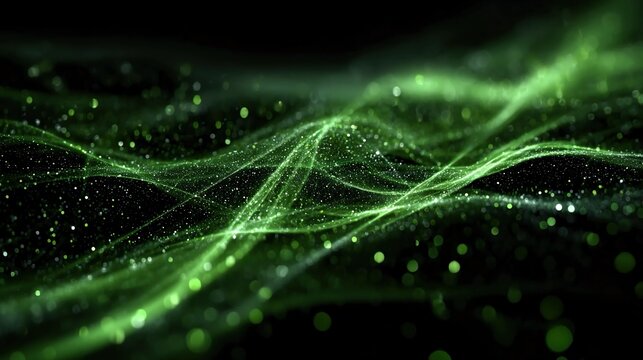 Abstract green tech background with light beams, digital data flows, and futuristic energy network concepts, emphasizing innovation, sustainable technology, and eco-friendly digital solutions,