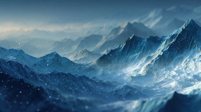Abstract icy landscape with geometric snow patterns and soft gradients, ideal for digital backgrounds, winter-themed artwork, or creative seasonal presentations