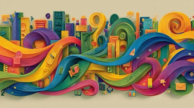 Abstract knowledge flow artwork with colorful ribbons, floating letters, numbers, and icons representing imagination, discovery, curiosity, continuous learning, and creative education concepts