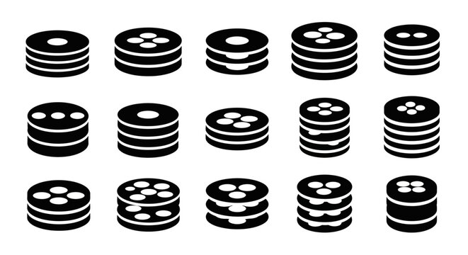 Black coin stacks, money icons, currency symbols, financial graphics, vector illustrations