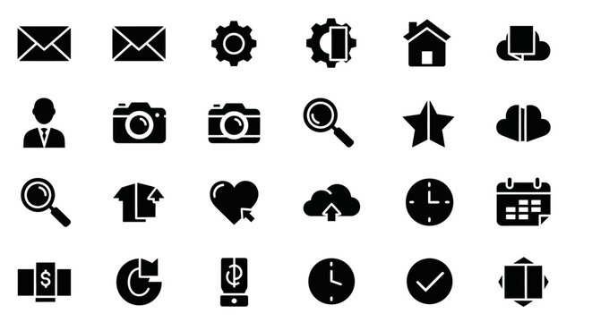 Black icons set, web interface symbols, mobile app icons, business communication graphics