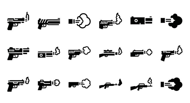 Gun, pistol, firearm, icon set, 20 black vector graphics, weapons, silhouettes, crime, security, law enforcement