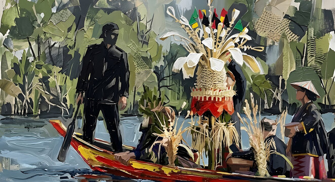 Abstract impasto painting of the traditional Melanau Kaul festival river procession with a Seraheng