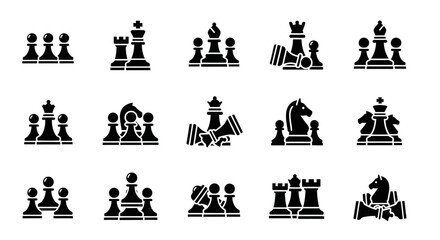 Chess Pieces Icons, Black Silhouette Symbols, Vector Illustration, Board Game Elements, Strategy Game Pieces © Steven
