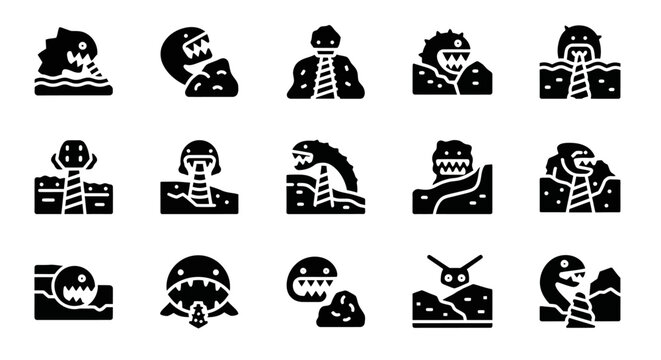 Black skeleton icons, monster set, creepy symbols, evil characters