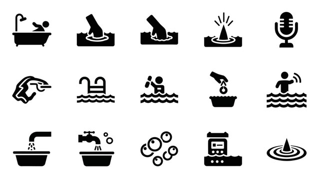 Black icons set, 16 water, bathroom, and swimming vector graphics, symbols for design