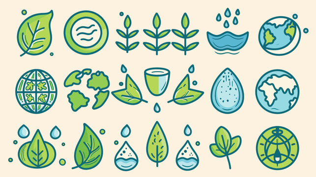Eco friendly icons leaves water drops and world map elements in green tones