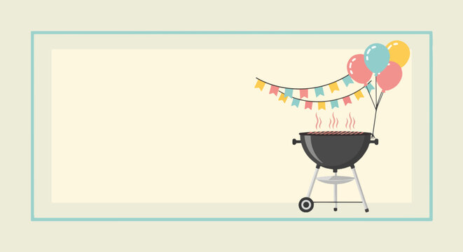 Barbecue celebration with grill and colorful balloons for Independence Day. Festive decoration includes banners and balloons, symbolizing joy and unity on Independence Day.