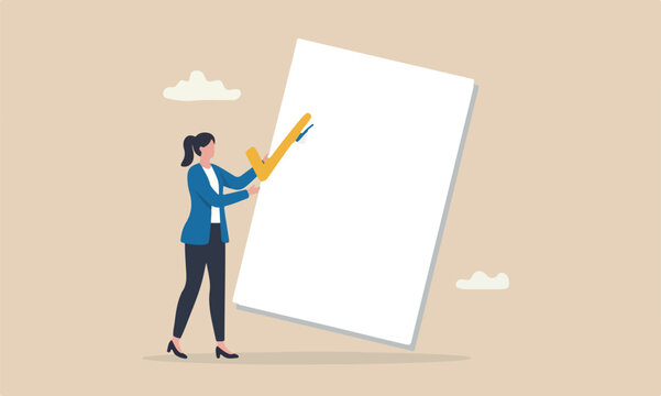 Self assessment, evaluate yourself for personal development or work improvement concept, woman giving check on checkbox in achievement list notepad paper.