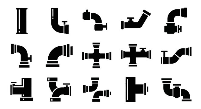 Black pipe fitting icons, plumbing symbols, 13 pipe connectors, elbow joints, T pieces, plumbing tools