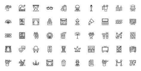 Show icon set. Vector illustration pack featuring microphone, piano, spotlight, theater, magic, clown, ticket, dancer, violin, and more entertainment symbols. Editable thin line icons. © wang