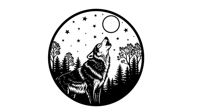 Silhouette of a howling wolf with stars and trees inside a circle