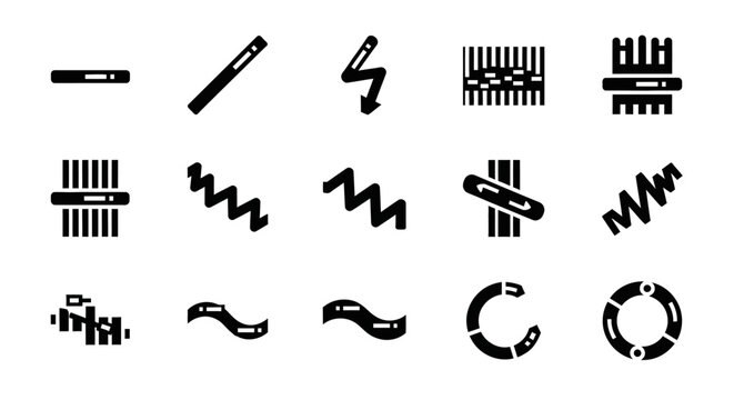 Black line icons, waveform symbols, audio signal graphics, vector illustration set