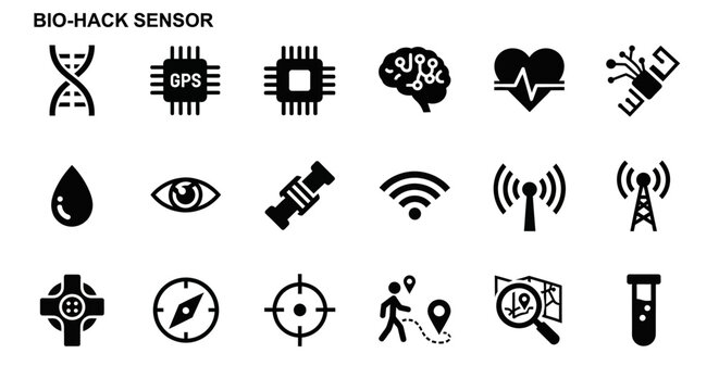 Biohack, biotechnology, sensor icons, biohacking symbols, cybernetic, medical, health, technology, science, 20 black vector graphics