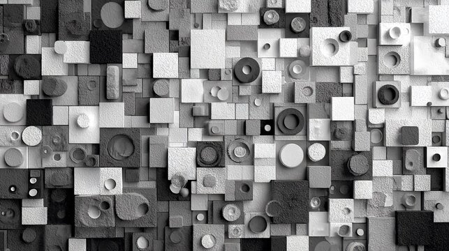 Abstract mosaic wall in grayscale, artful textured pattern, unique design, visually captivating composition, suitable for architectural visualization, interior design, or creative illustration.