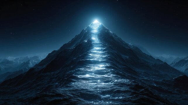 Abstract mountain with glowing path to top in digital futuristic style, blue technology background, representing achievement, success, career growth, motivation, business strategy, 