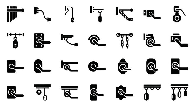 Black and white plumbing icons set, 25 pipe and shower symbols, vector graphics