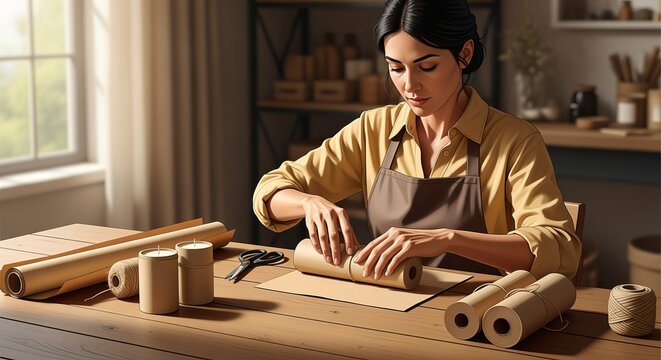 Woman skillfully crafting beautiful handmade candles in a cozy studio for unique gift preparation.